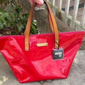 AUTHENTIC LOUIS VITTON Red Patent Leather Tote Bag with Tan Handles